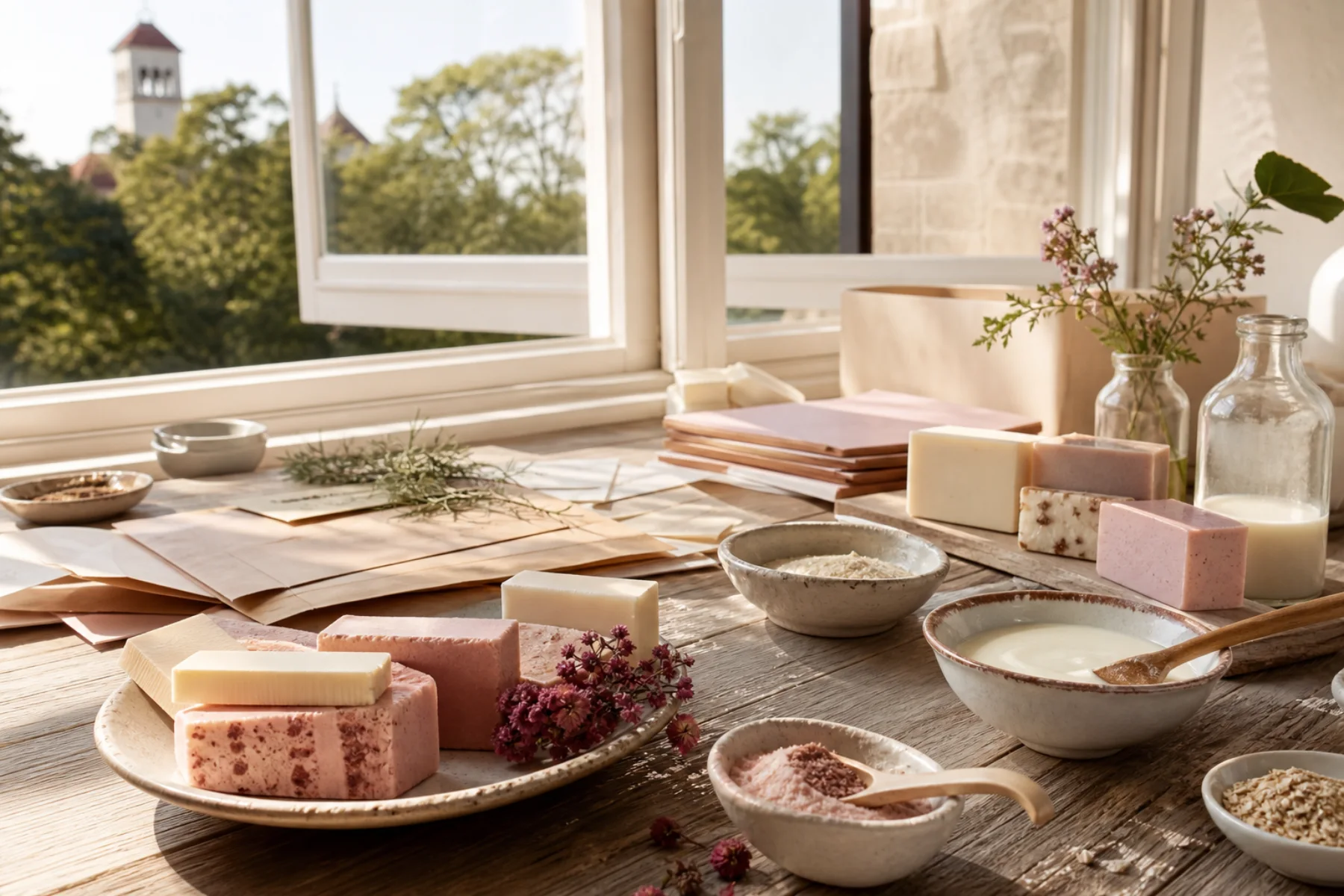 Warm sunlit soap studio table inspired by Grapevine, Texas, with blush bars and natural ingredients
