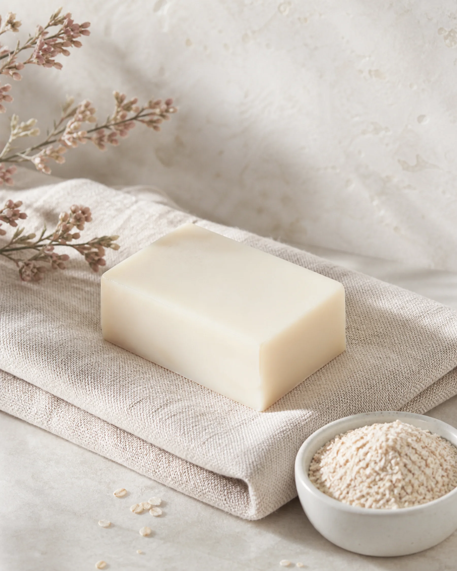 Ivory fragrance-free soap beside finely milled oat on a quiet vanity