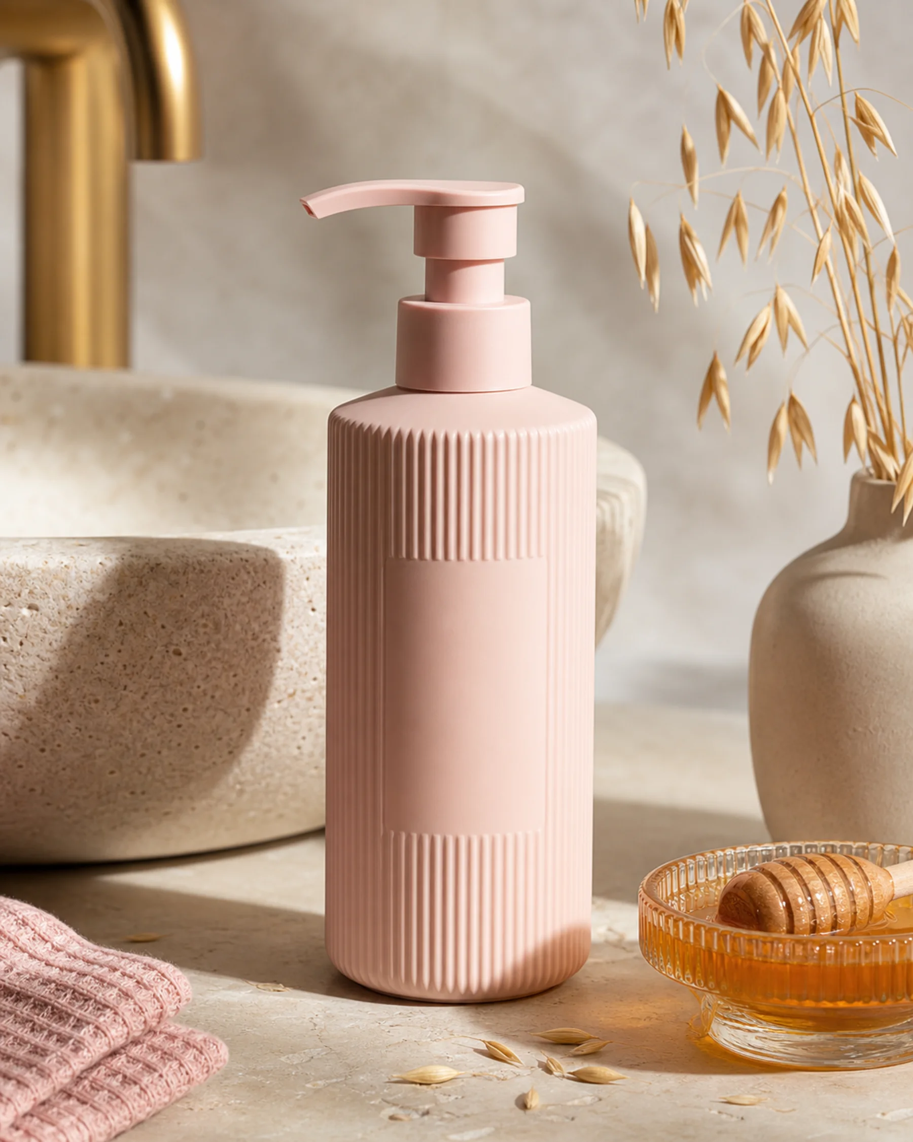 Honey Oat Soft Wash styled with its key ingredients in soft daylight