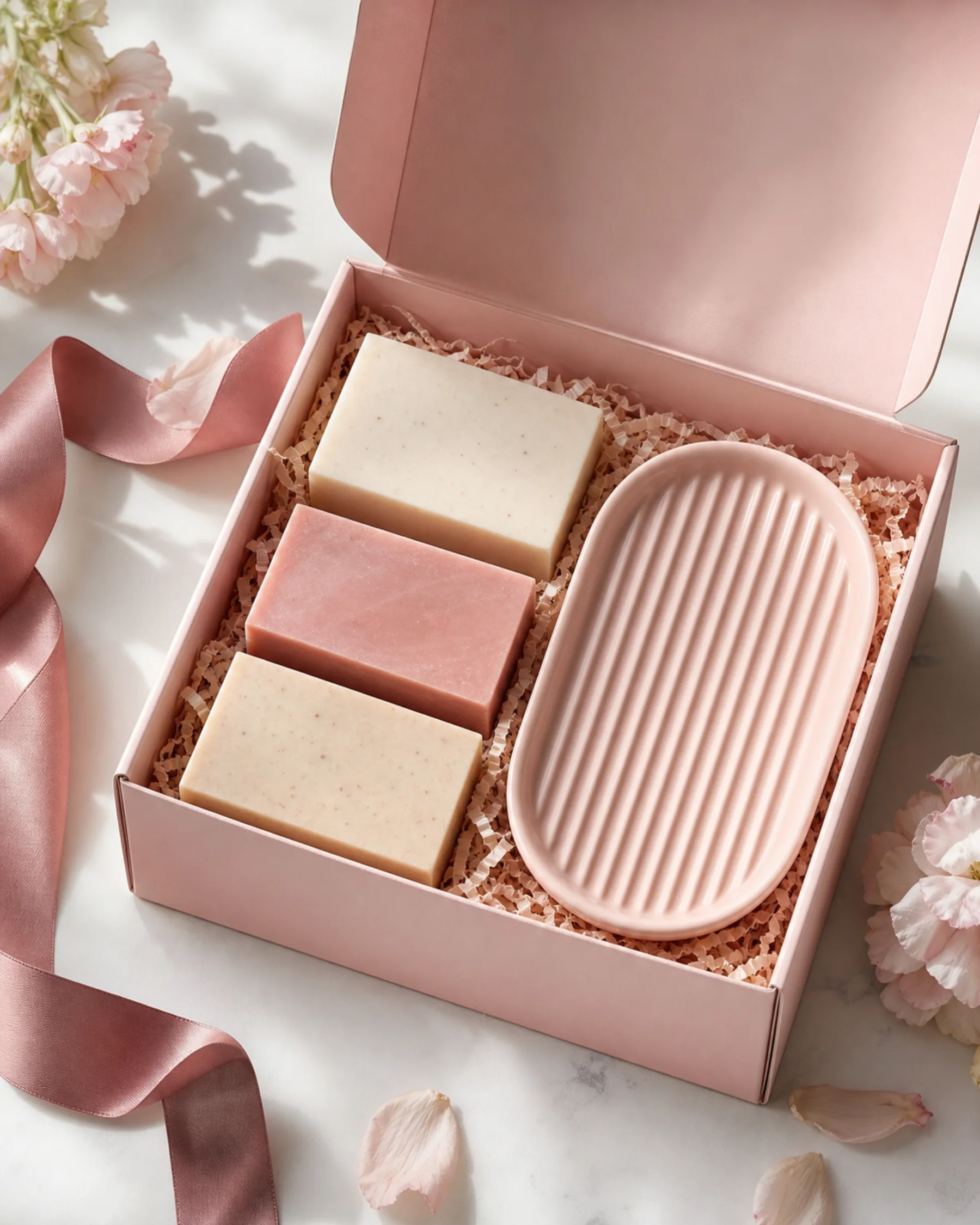 Open blush gift box with soap bars, cotton cloth, and pale ribbon