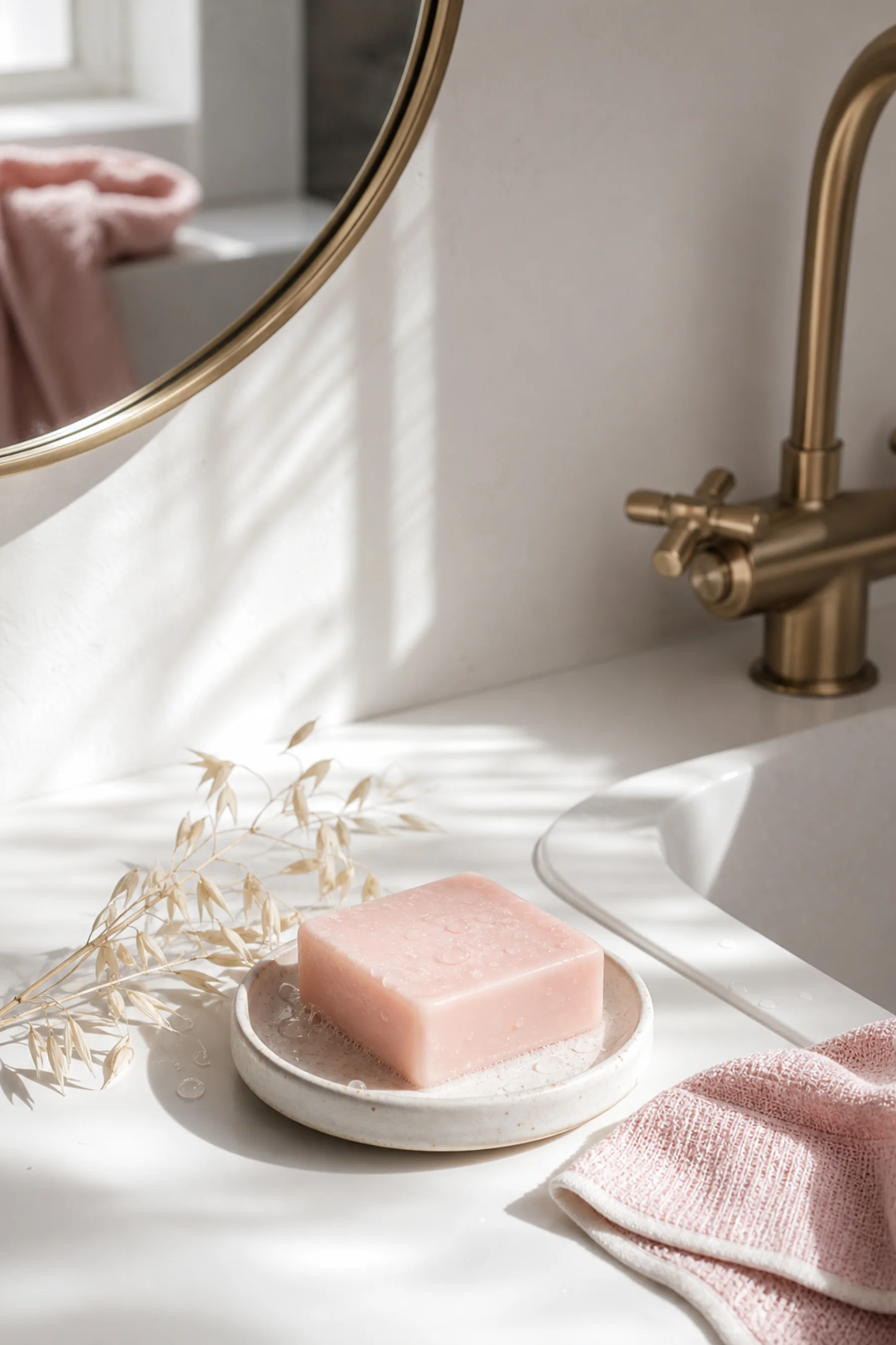 Minimal sunlit vanity with aloe and ivory soap