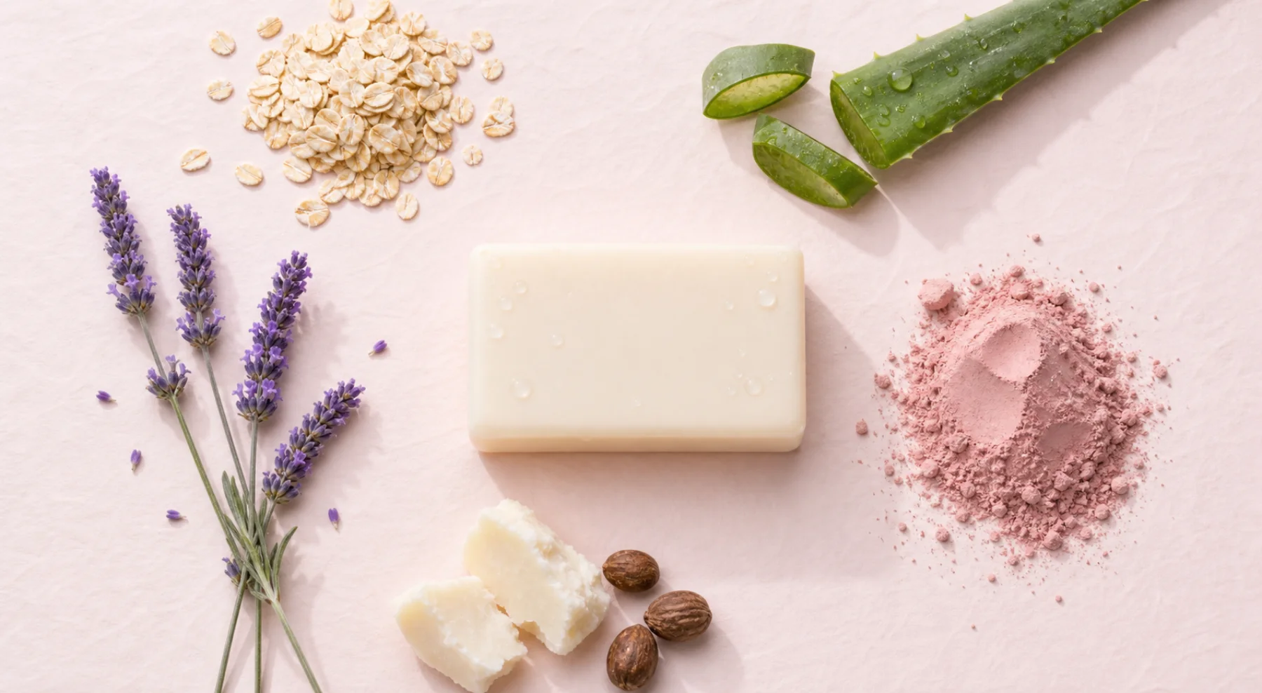 Oat, aloe, lavender, pink clay, shea, and a smooth ivory soap bar arranged on blush paper