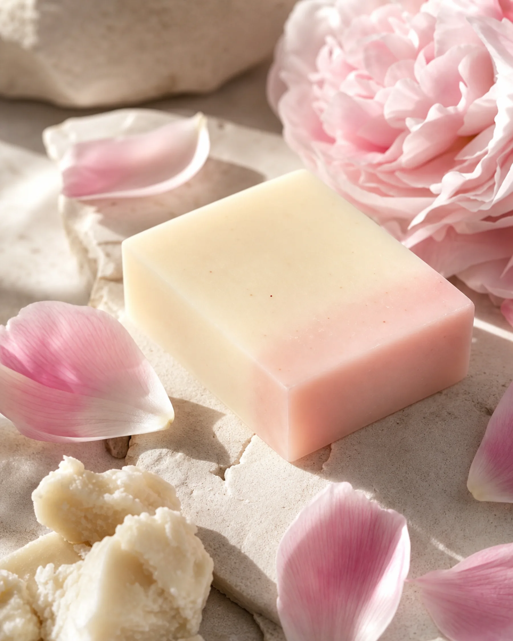 Shea Petal Nourishing Bar styled with its key ingredients in soft daylight
